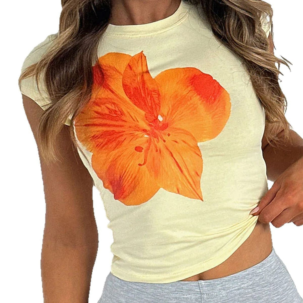 Women's T-shirt with floral print and short cut, size