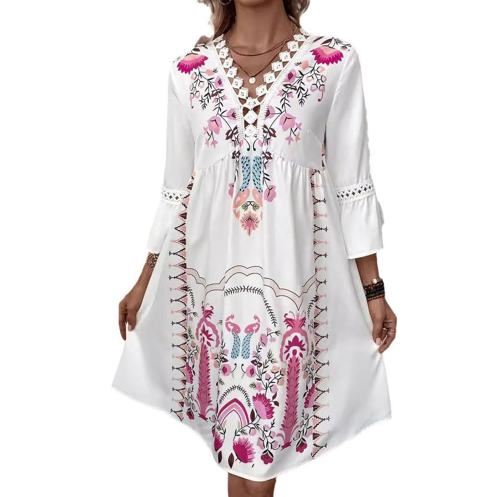 Damen Boho-inspiriertes Kleid mit Spitzen-Details und floralem Muster Drune