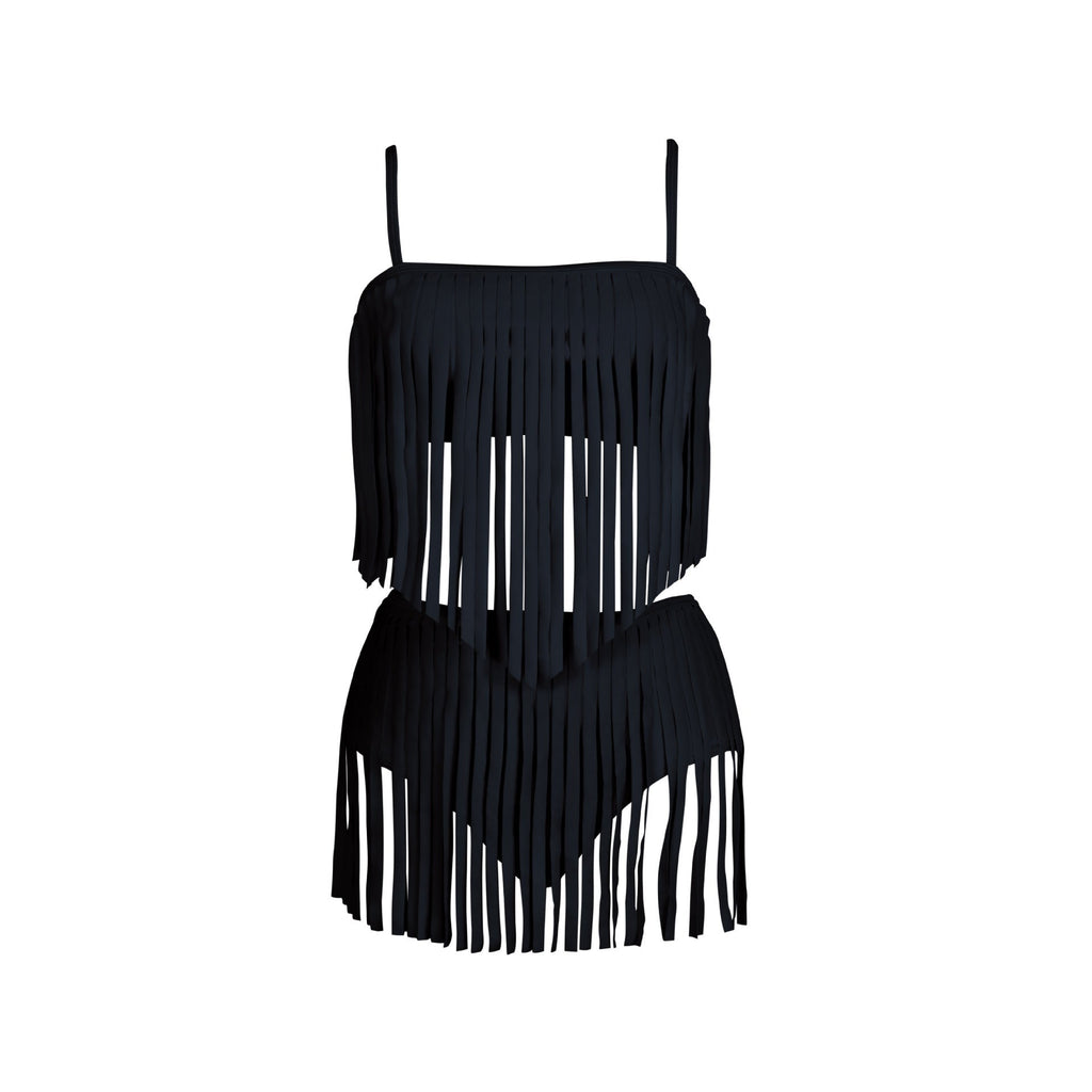 Women's fringed bikini set with fashionable top and figure-hugging bottoms, size