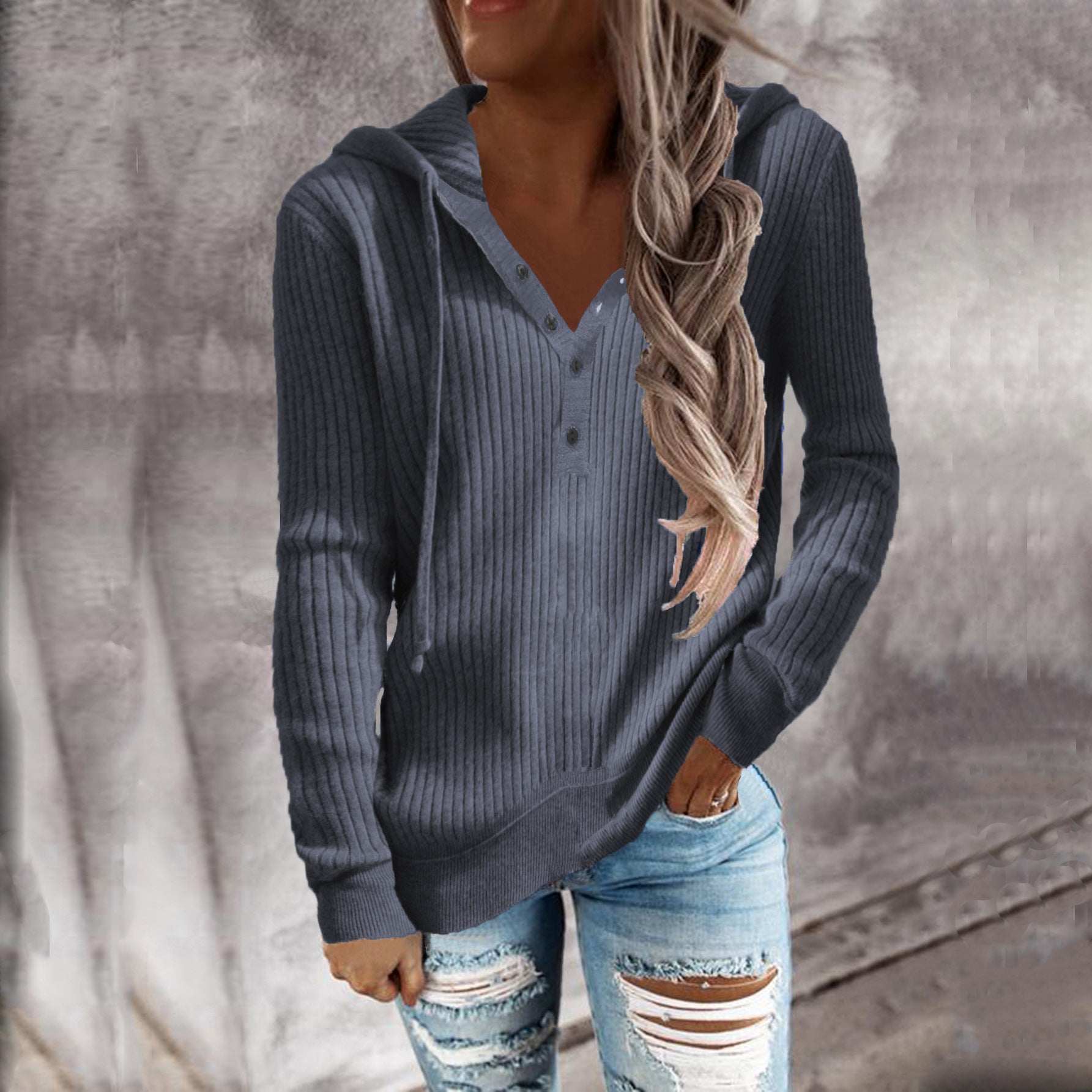 Women's hoodie with textured ribbing and button-up neckline, size S