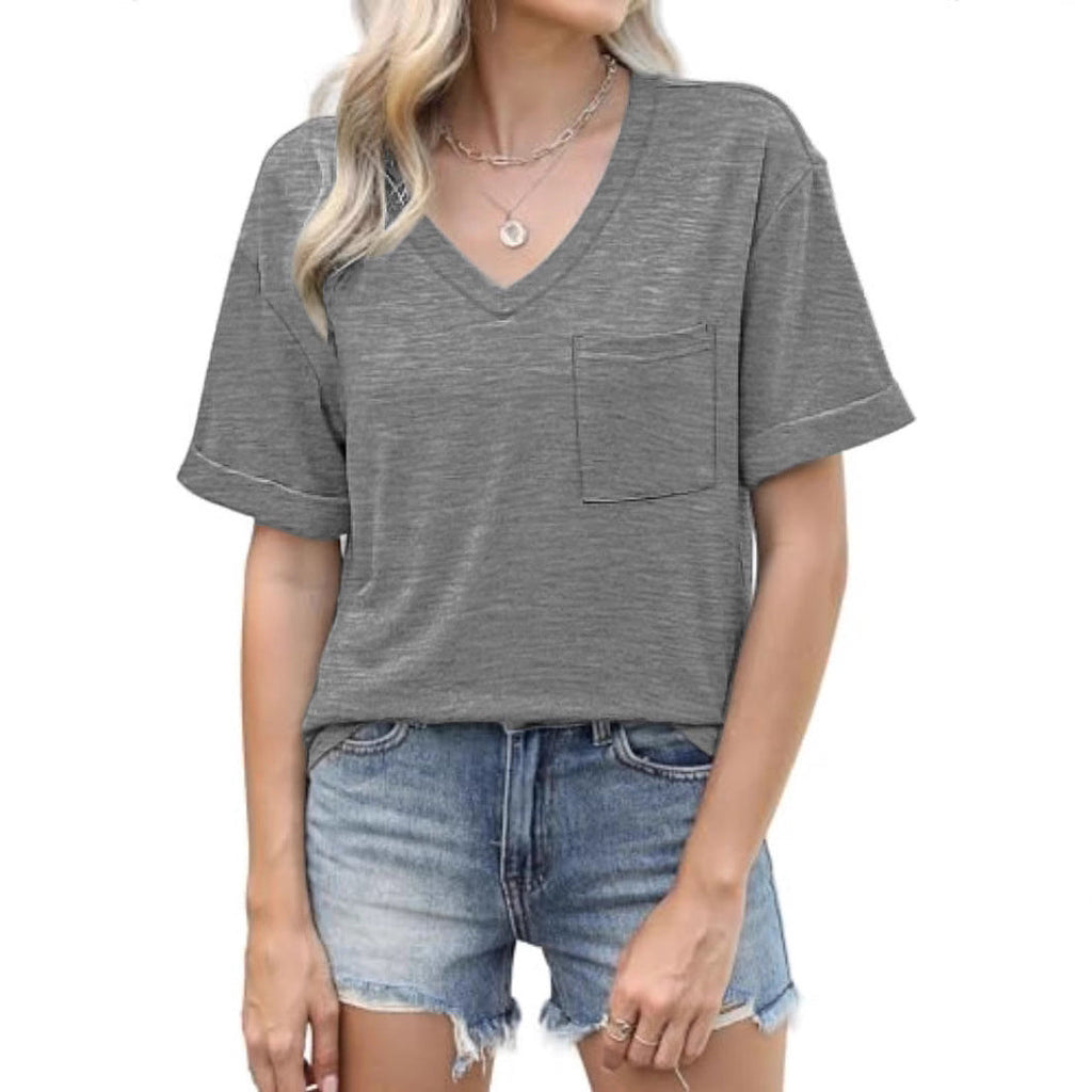 Damen V-Ausschnitt T-Shirt mit Taschen und lässiger Passform, Größe
