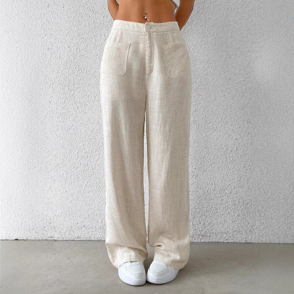 Women's wide linen trousers with elasticated waistband and practical pockets, size