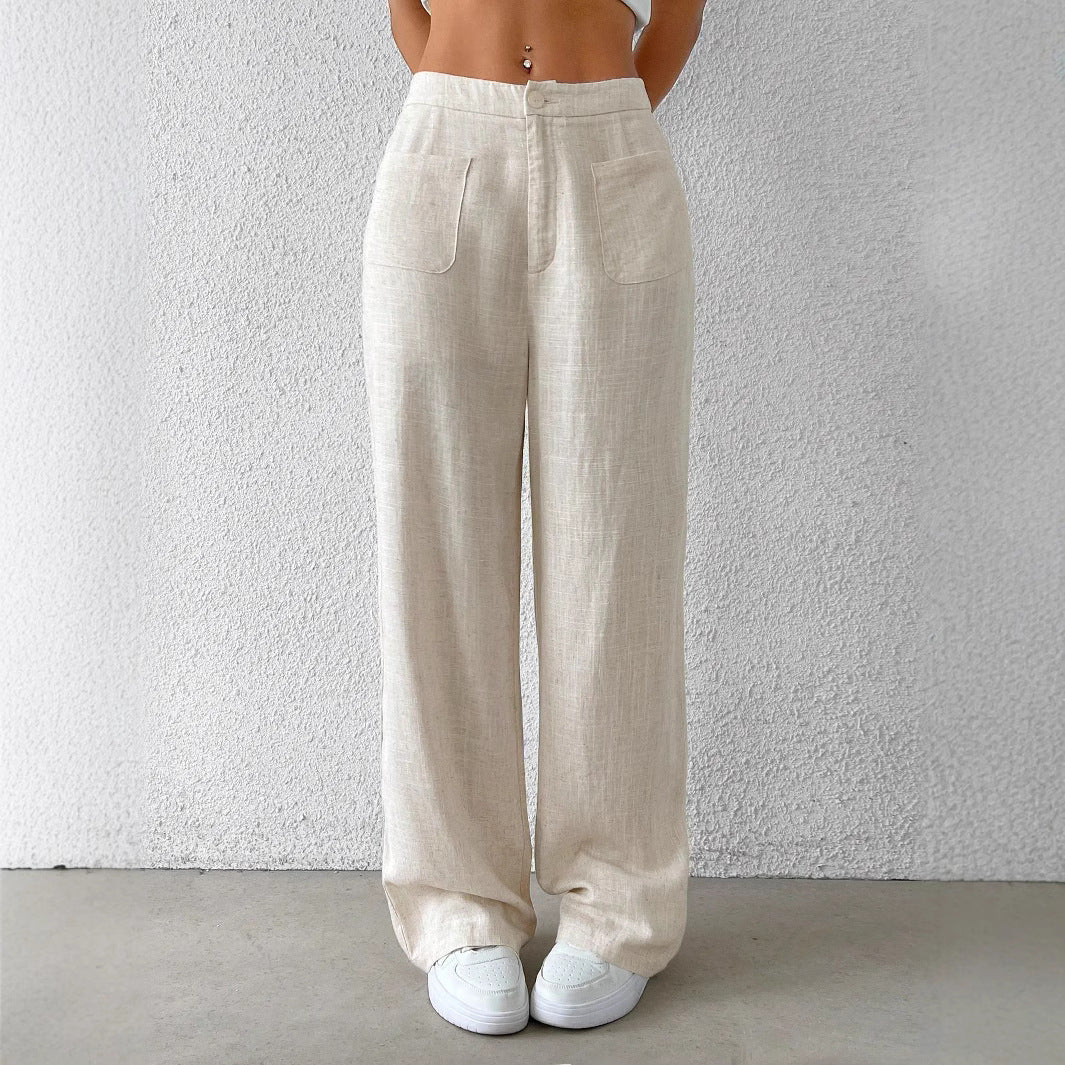 Women's wide linen trousers with elasticated waistband and practical pockets, size