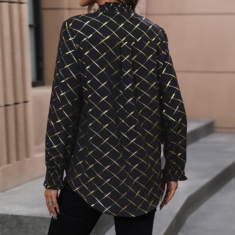 Women's blouse with elegant diamond pattern and puff sleeves, size