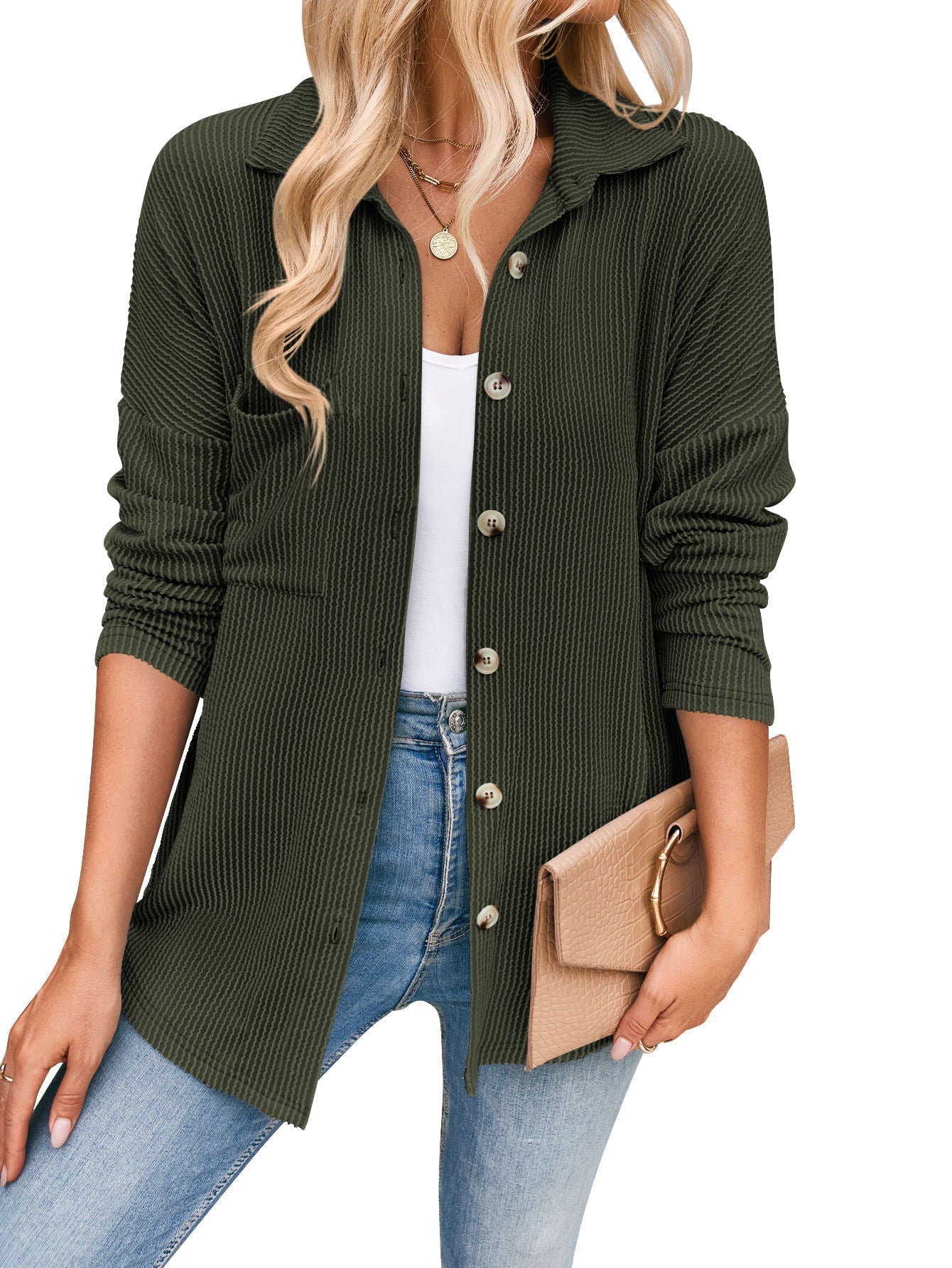Women's casual cardigan with button placket, size