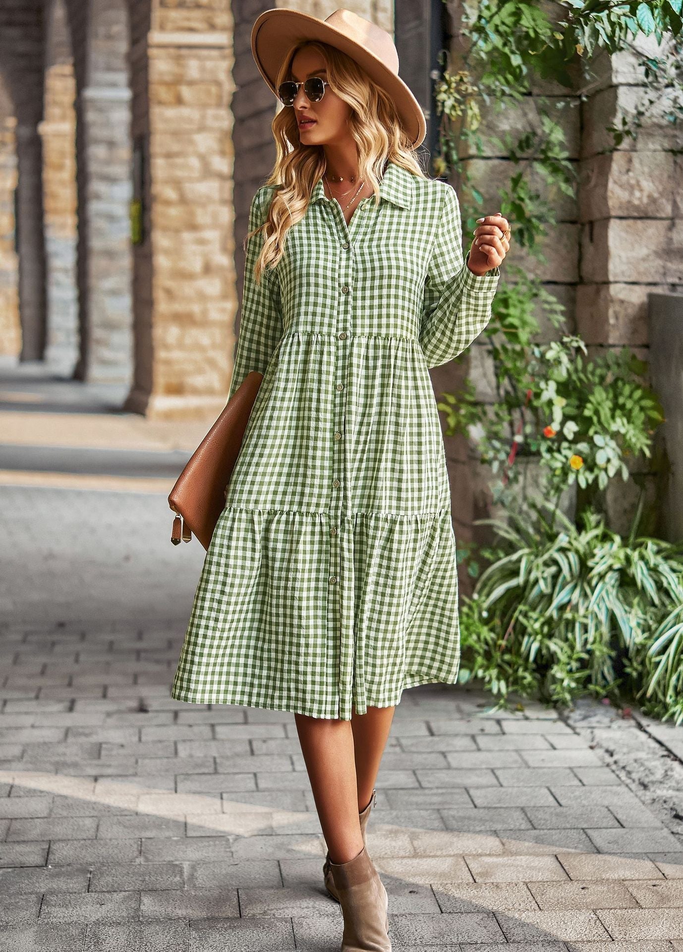 Women's checked midi blouse with button placket and flared skirt, size Valenzora