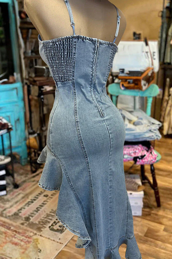 Valenzora | Ruffled hem denim split dress