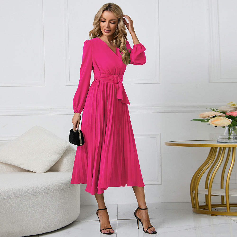 Women's wrap dress with pleated design and elegant waist belt, size