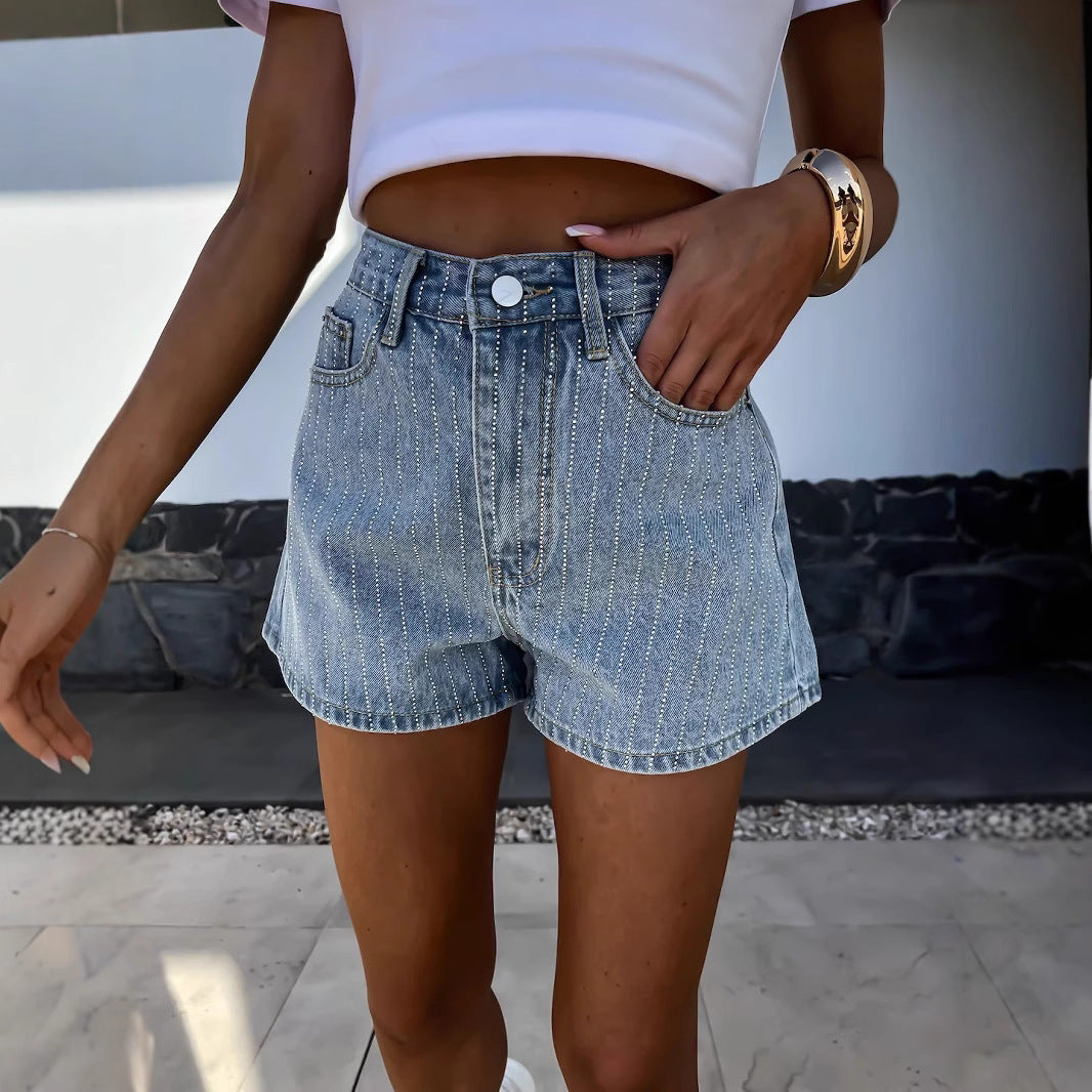 Women's denim shorts with a classic cut and fine pinstripes, size S