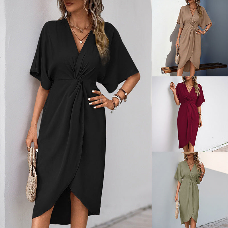 Women's wrap dress with flowing V-neck and side slit, size