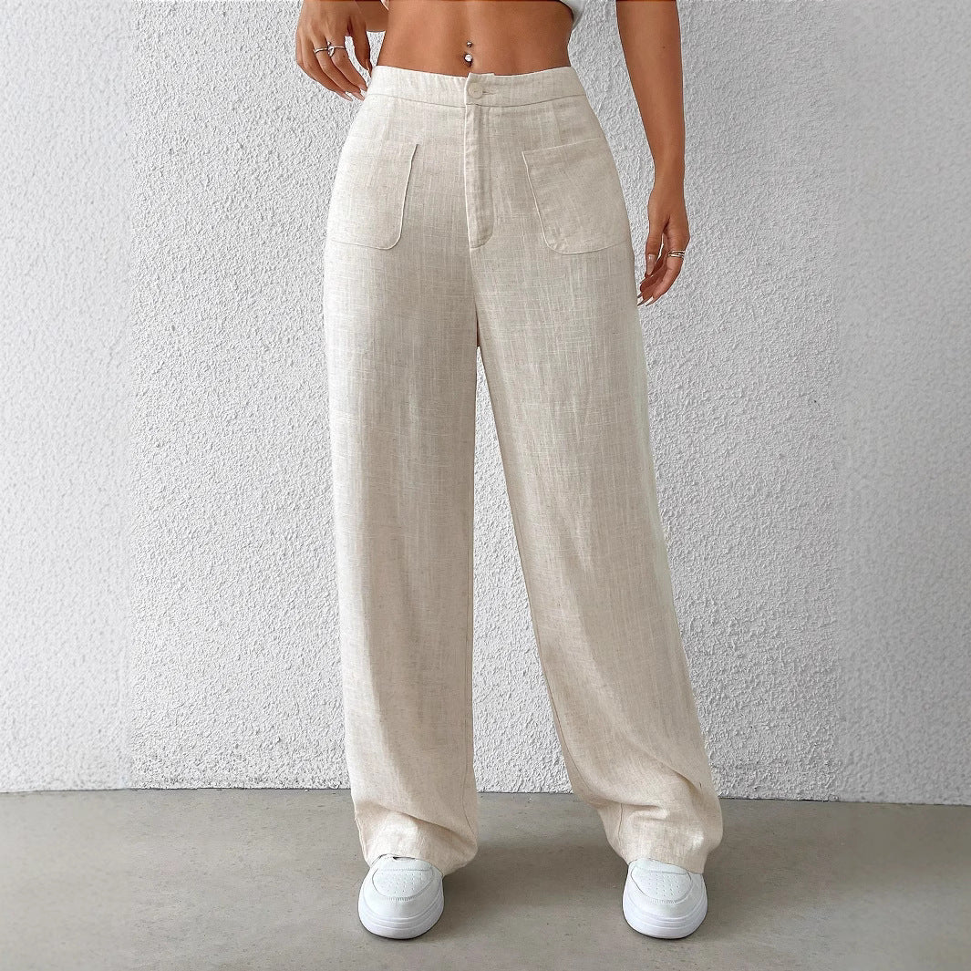 Women's wide linen trousers with elasticated waistband and practical pockets, size