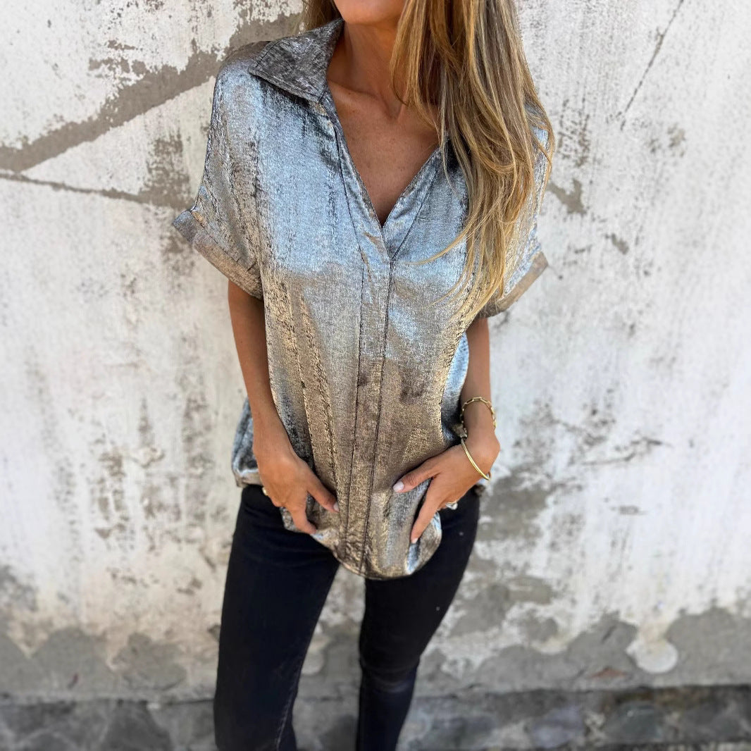 Women's short-sleeved silk blouse with elegant sheen and fashionable lapel, size S
