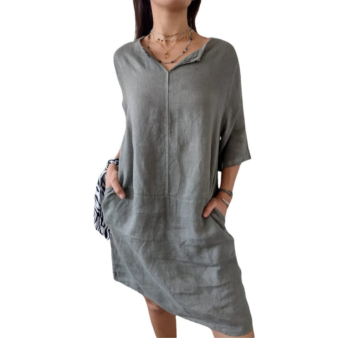 Women's lightweight linen dress with front button detail and side pockets, size