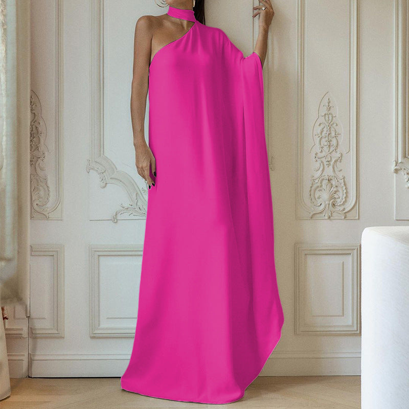 Women's elegant one-shoulder evening dress with flowing fabric and chic collar, size S