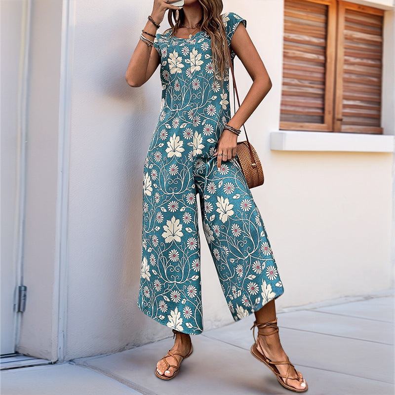 Women's jumpsuit with floral pattern and practical pockets, size