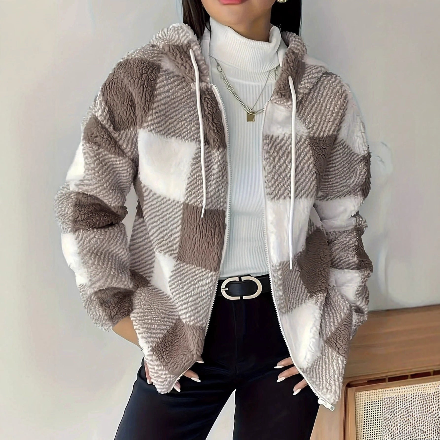 Valenzora | Checkered Teddy Hoodie Jacket | Warm and comfortable for winter