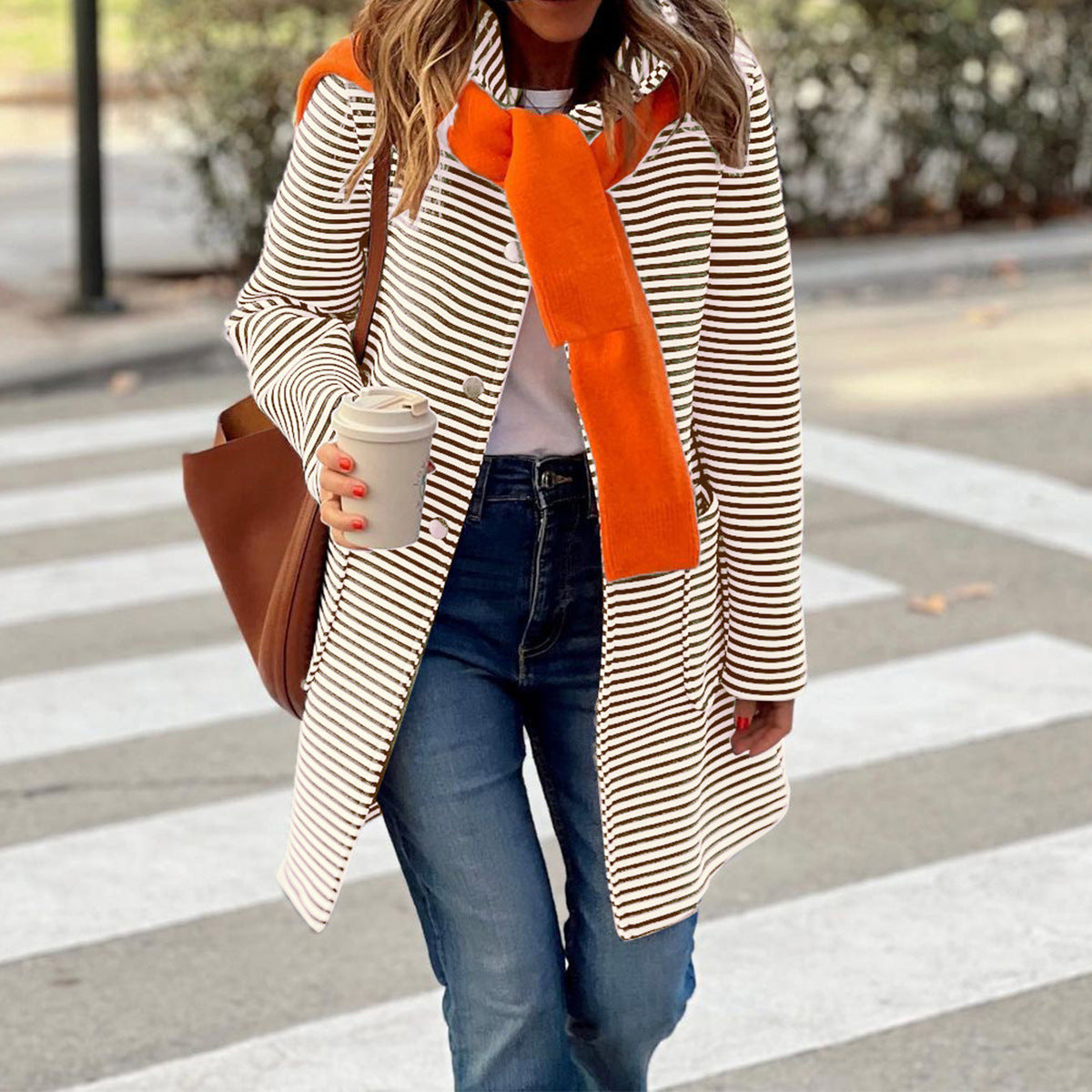 Women's striped trench coat with fashionable scarf and high functionality, size S