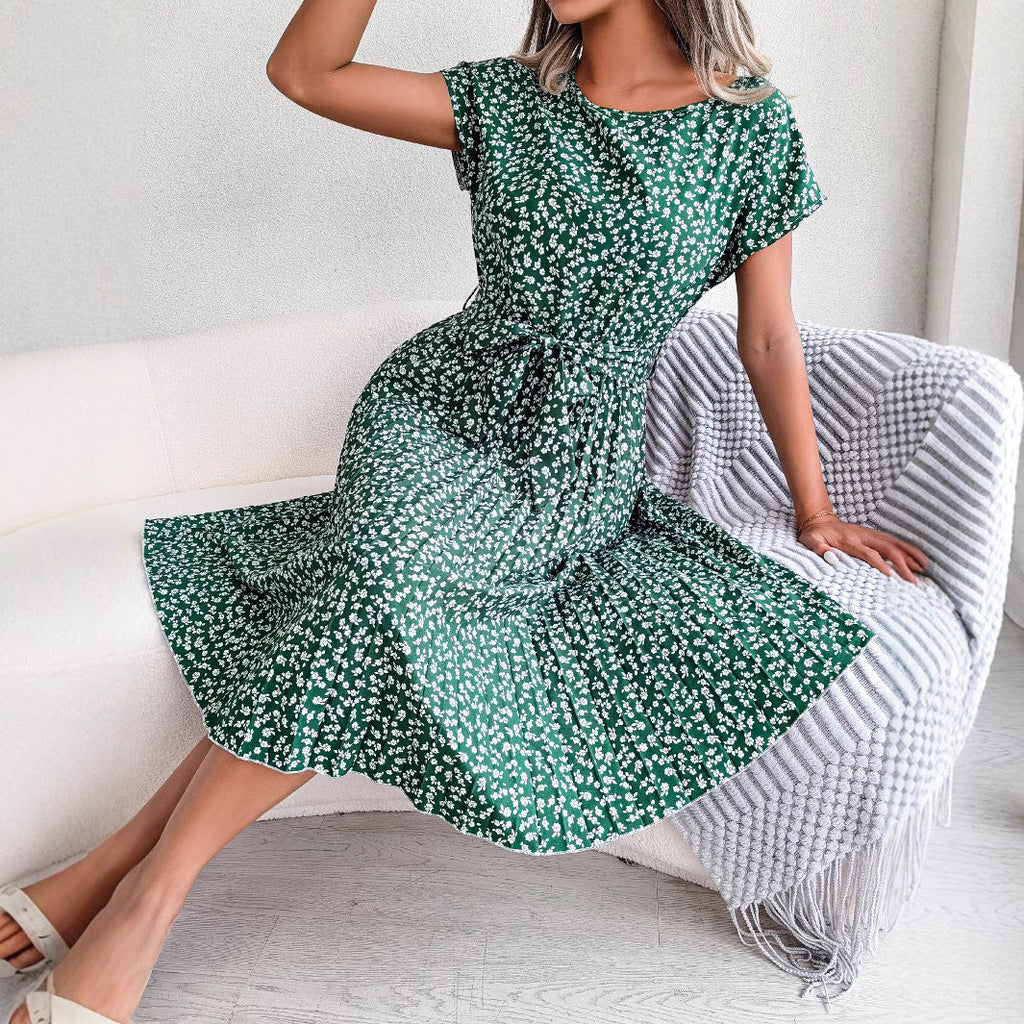 Valenzora | Spring Casual Short Sleeve Floral Large Swing Pleated Skirt