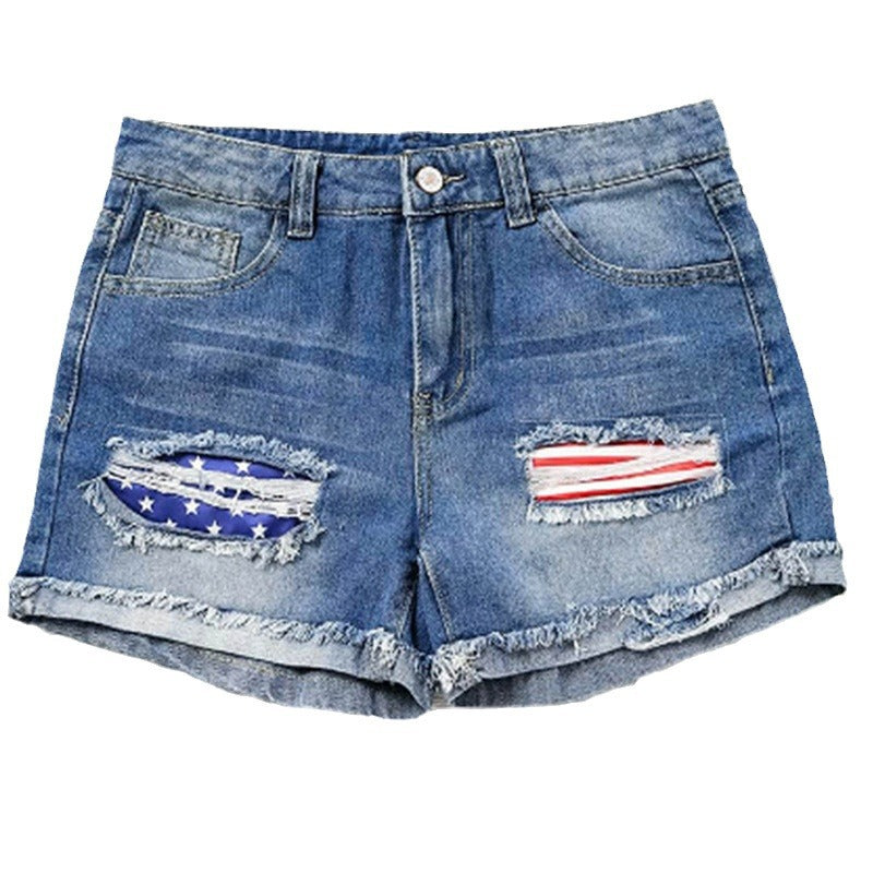 Women's denim shorts with creative flag appliqués and a casual distressed design, size Valenzora