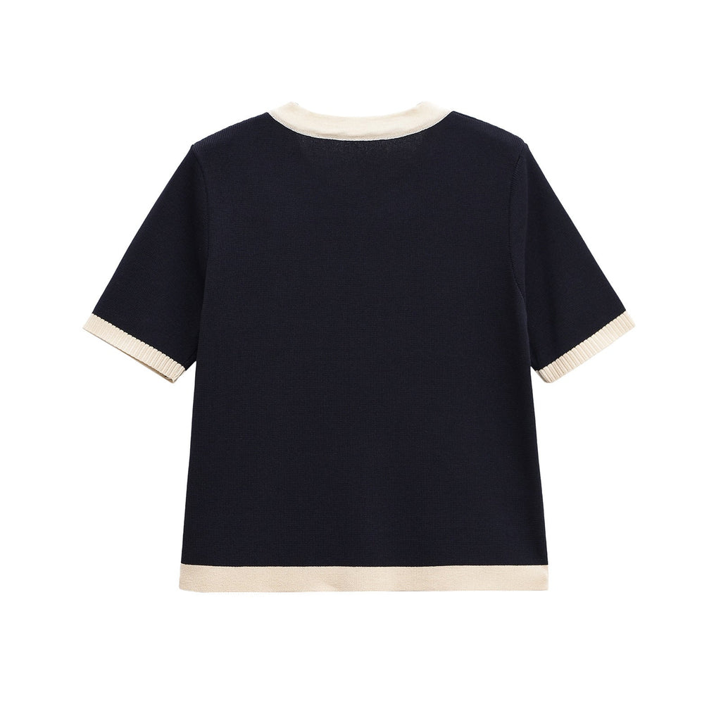 Damen-Kurzarm-Stricktop mit Zierknöpfen und modernem Design, Größe S