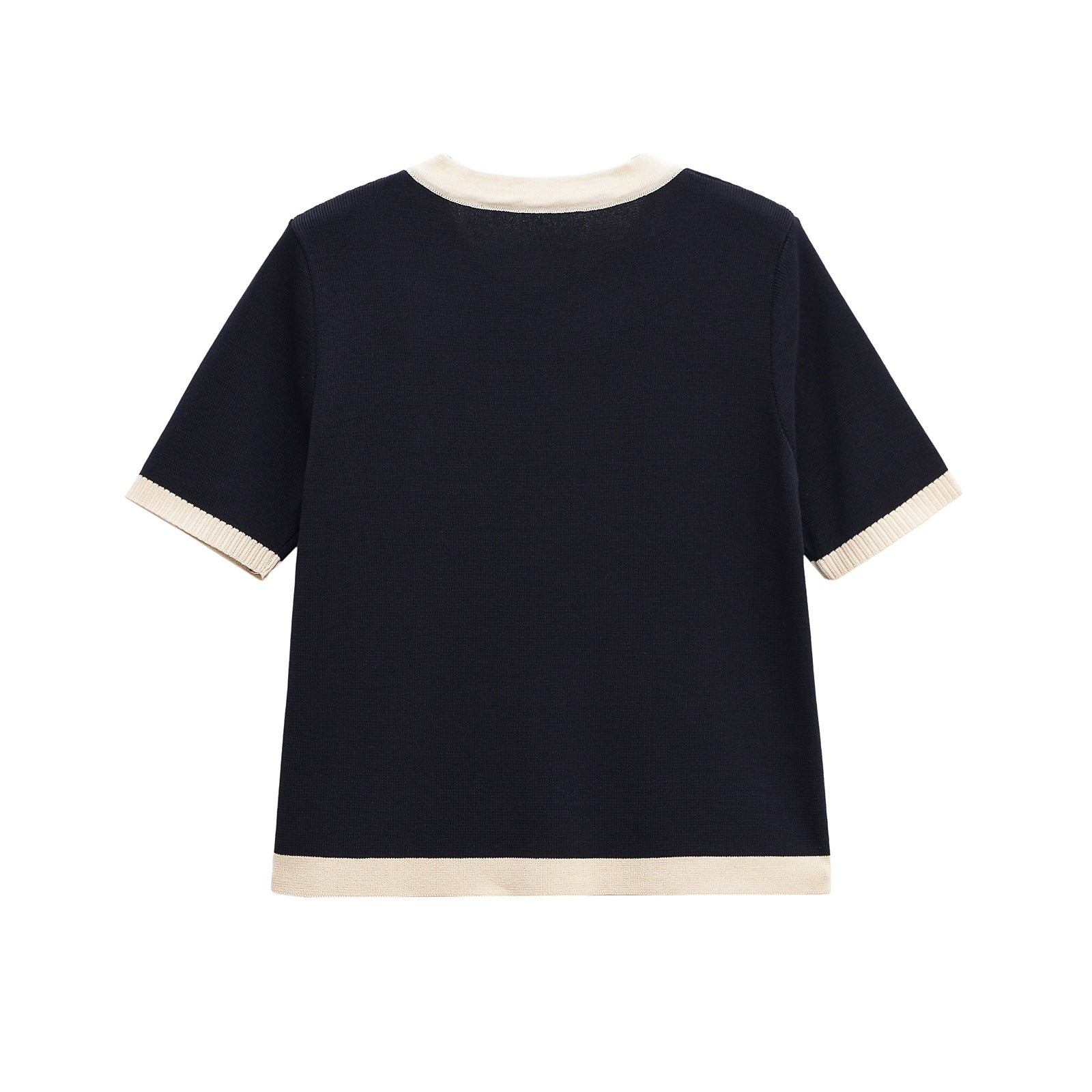 Women's short-sleeved knit top with decorative buttons and modern design, size S