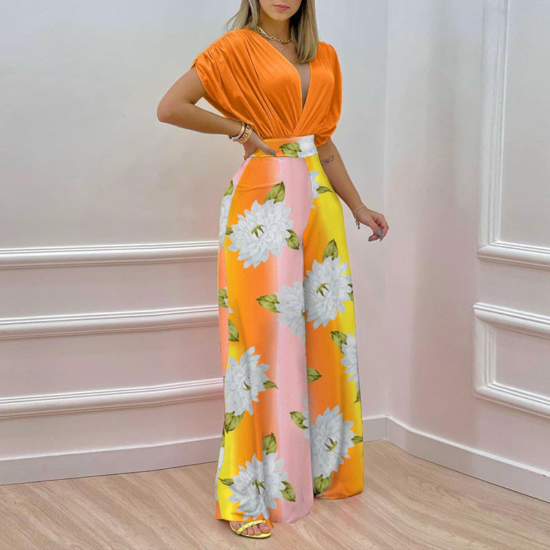 Women's jumpsuit with deep V-neck and wide leg, size