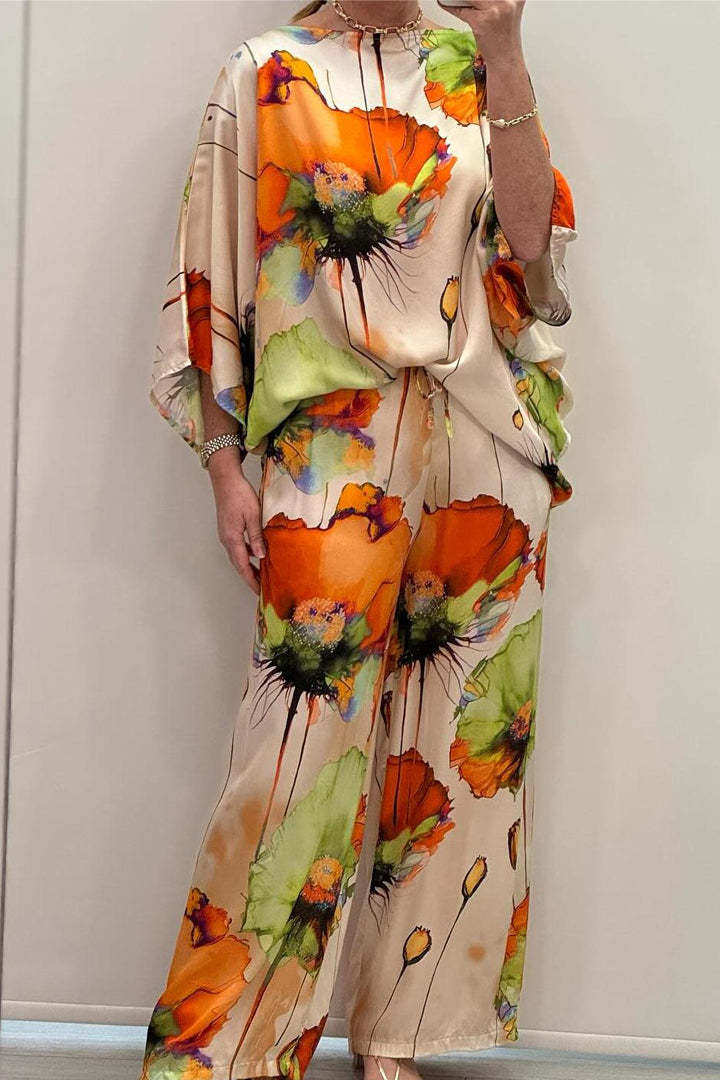 Valenzora | Elegant satin one-shoulder printed loose set