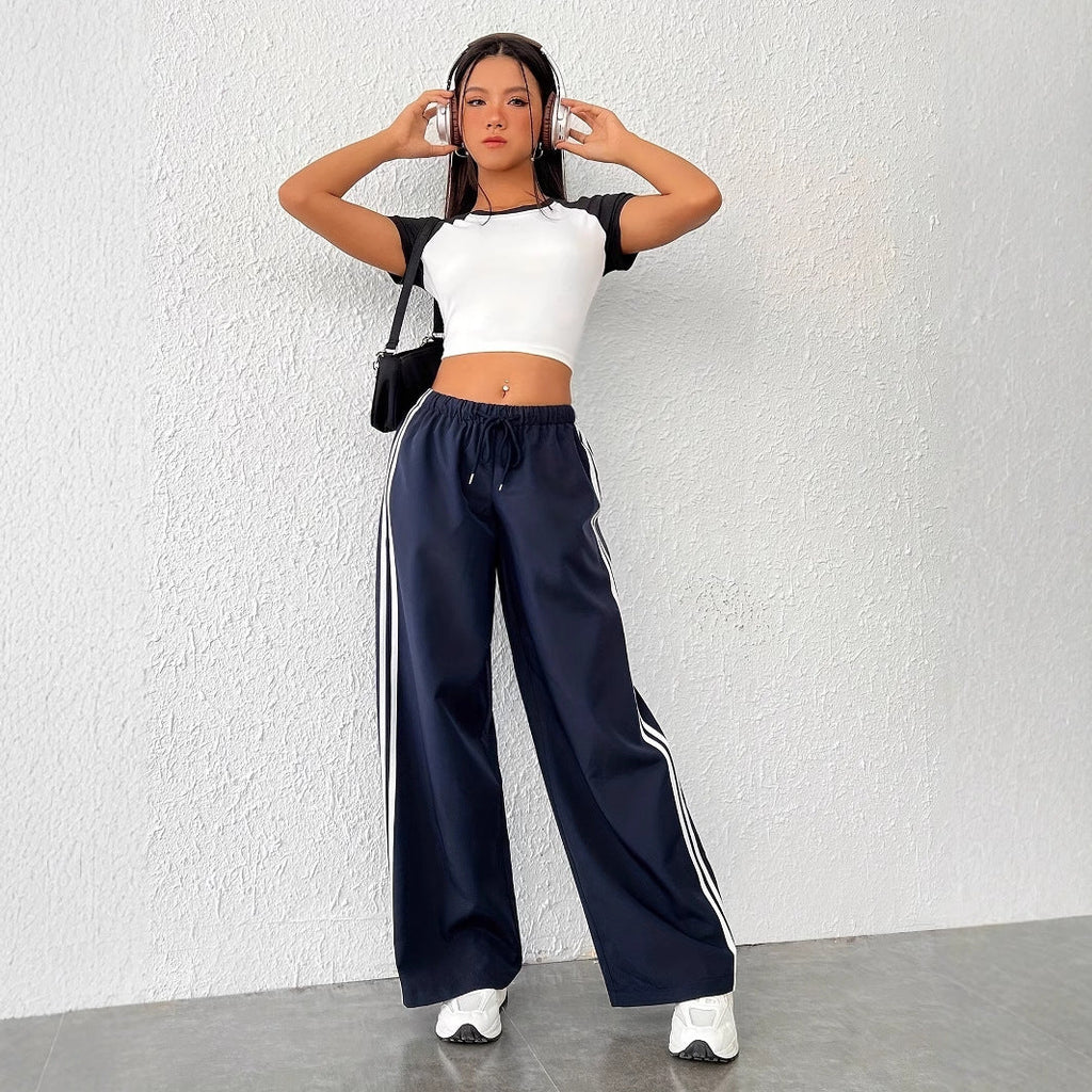 Damen-Freizeithose mit hoher Taille und sportlichen Streifen, Größe