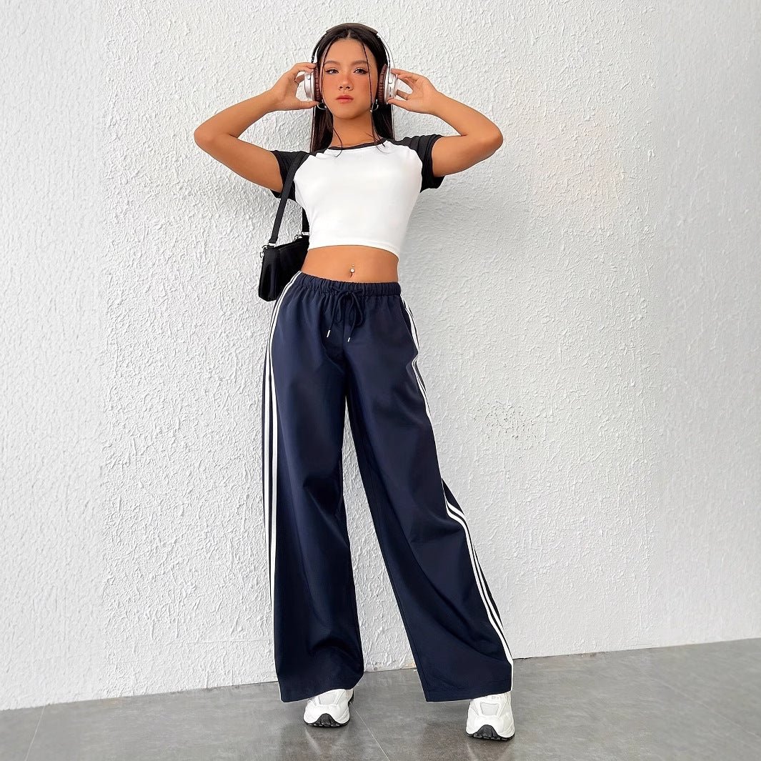 Damen-Freizeithose mit hoher Taille und sportlichen Streifen, Größe
