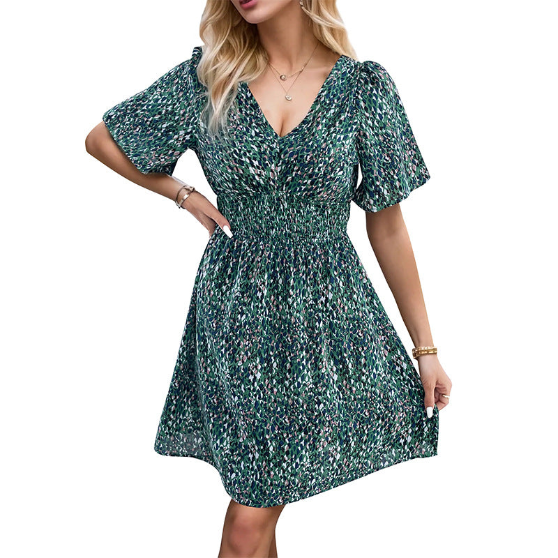 Women's flowing short dress with elasticated waist and V-neck, size