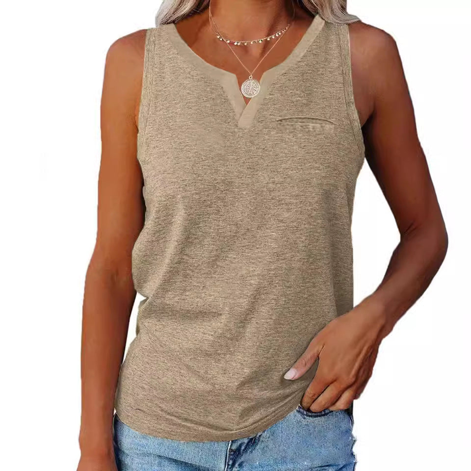 Women's sleeveless V-neck top with chest pocket and relaxed fit, size S