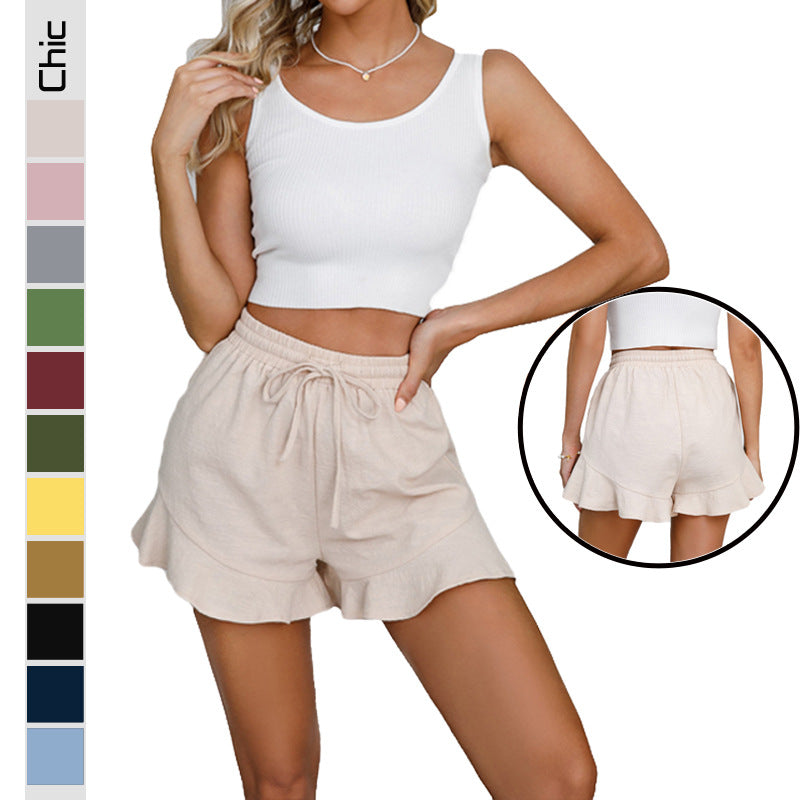 Valenzora | Ruffled waistband casual linen shorts