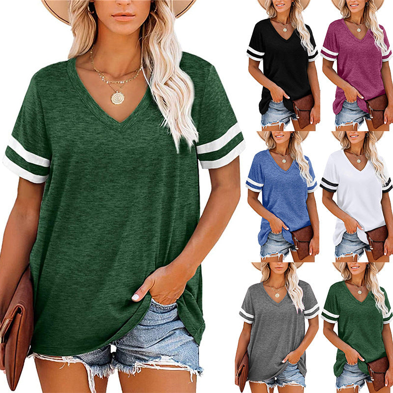 Damen-V-Neck-T-Shirt mit sportlichem Ringelmuster und lässiger Passform, Größe [Größe fehlt]