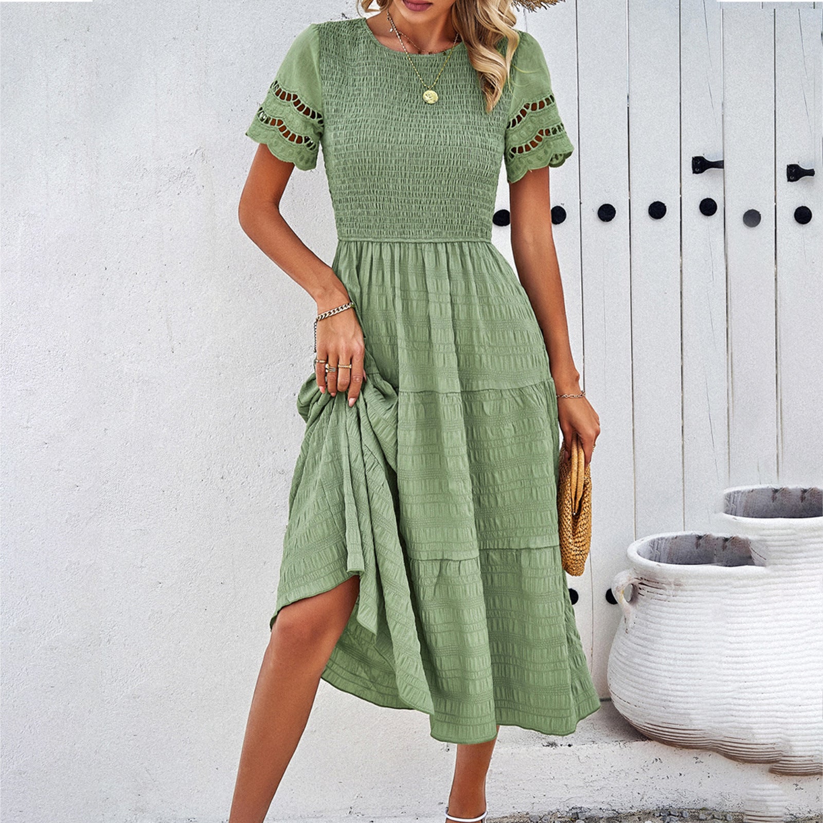 Damen Midikleid mit Puffärmeln und elastischem Oberteil, Größe