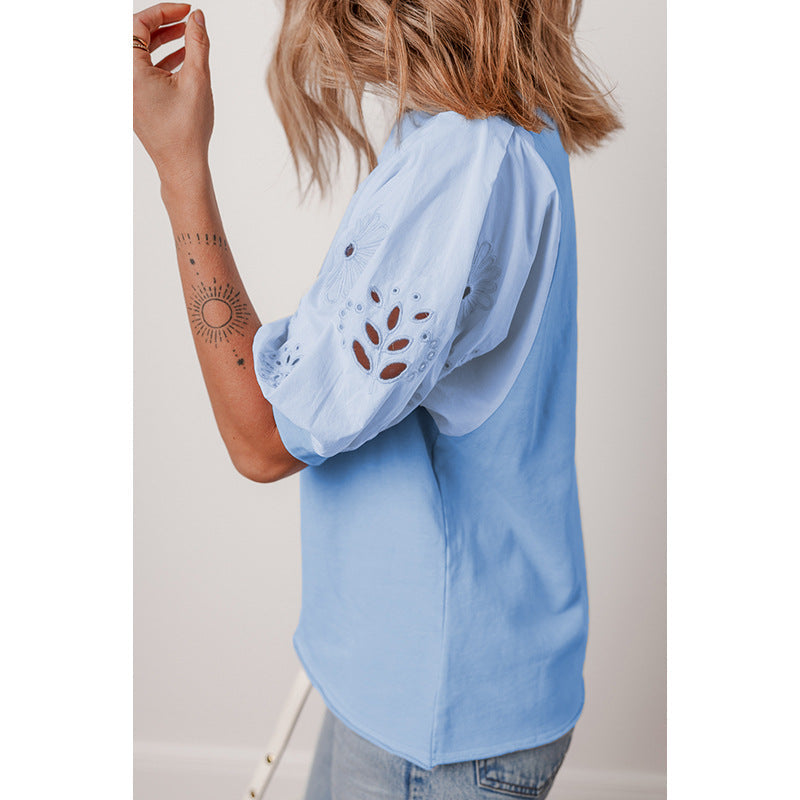 Damen-T-Shirt mit Puffärmeln und bestickten Akzenten, Größe Valenzora