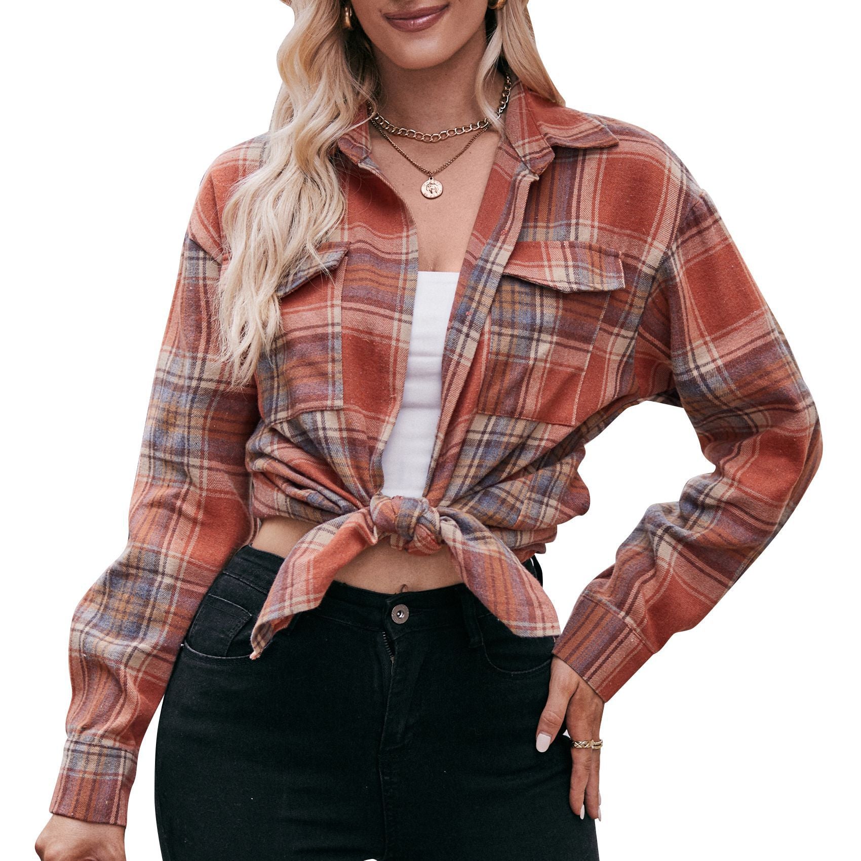 Women's checked shirt with button-up front design and casual knot detail, size Valenzora