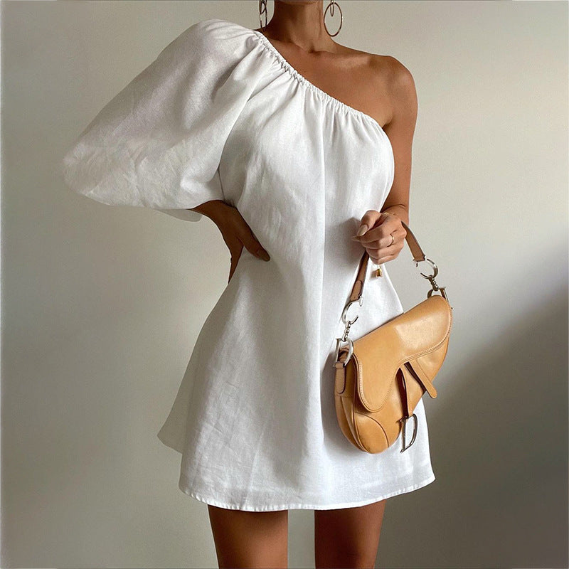 Women's charming one-shoulder dress with voluminous sleeves and elasticated waistband, size [size]