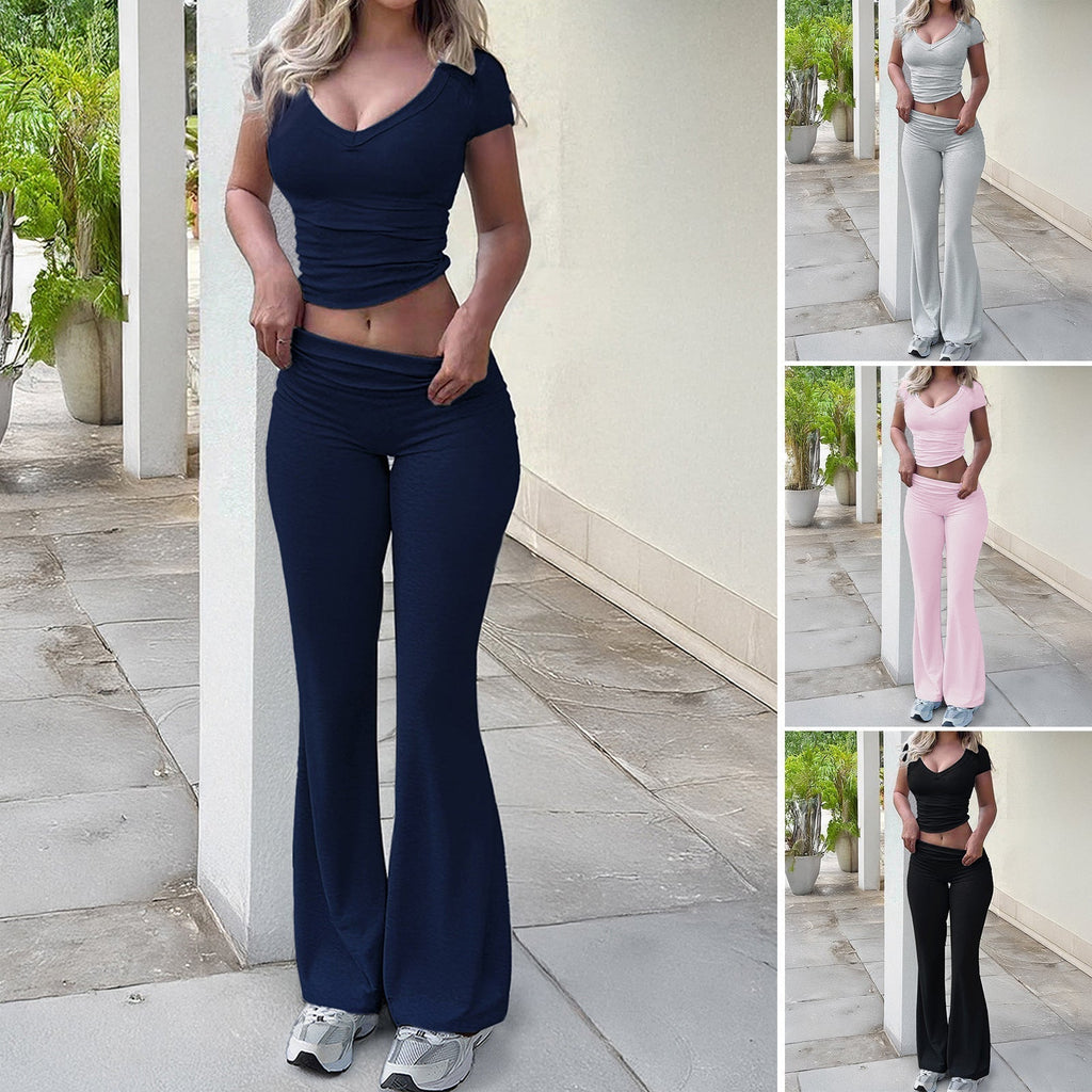 Women's sports lounge set with figure-hugging top and elegant flared trousers, size [size]