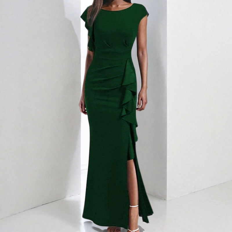 Women's sheath dress with asymmetrical ruffles and high slit, size [size]