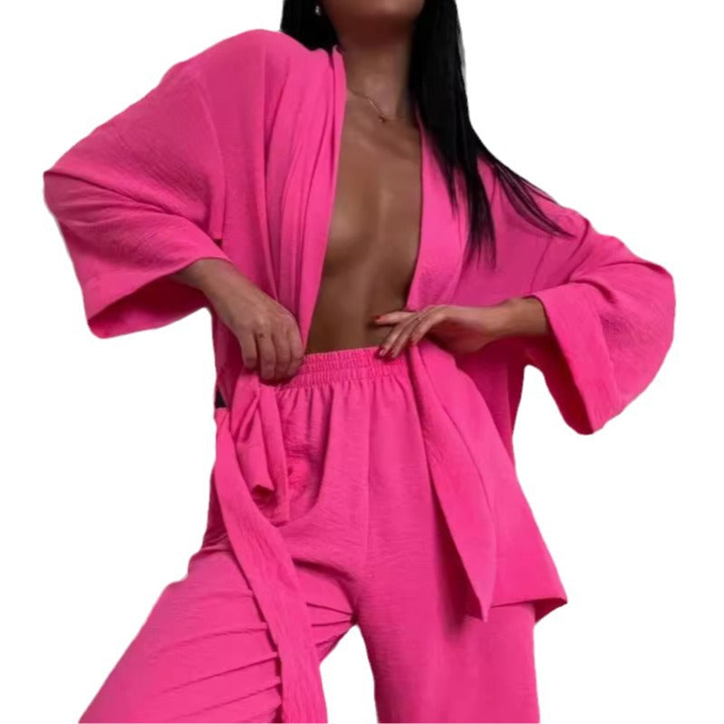 Women's casual kimono set with a wide cut and elastic waistband, size S