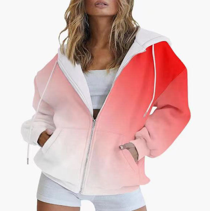 Women's oversized hooded jacket with color gradient and practical pockets, size