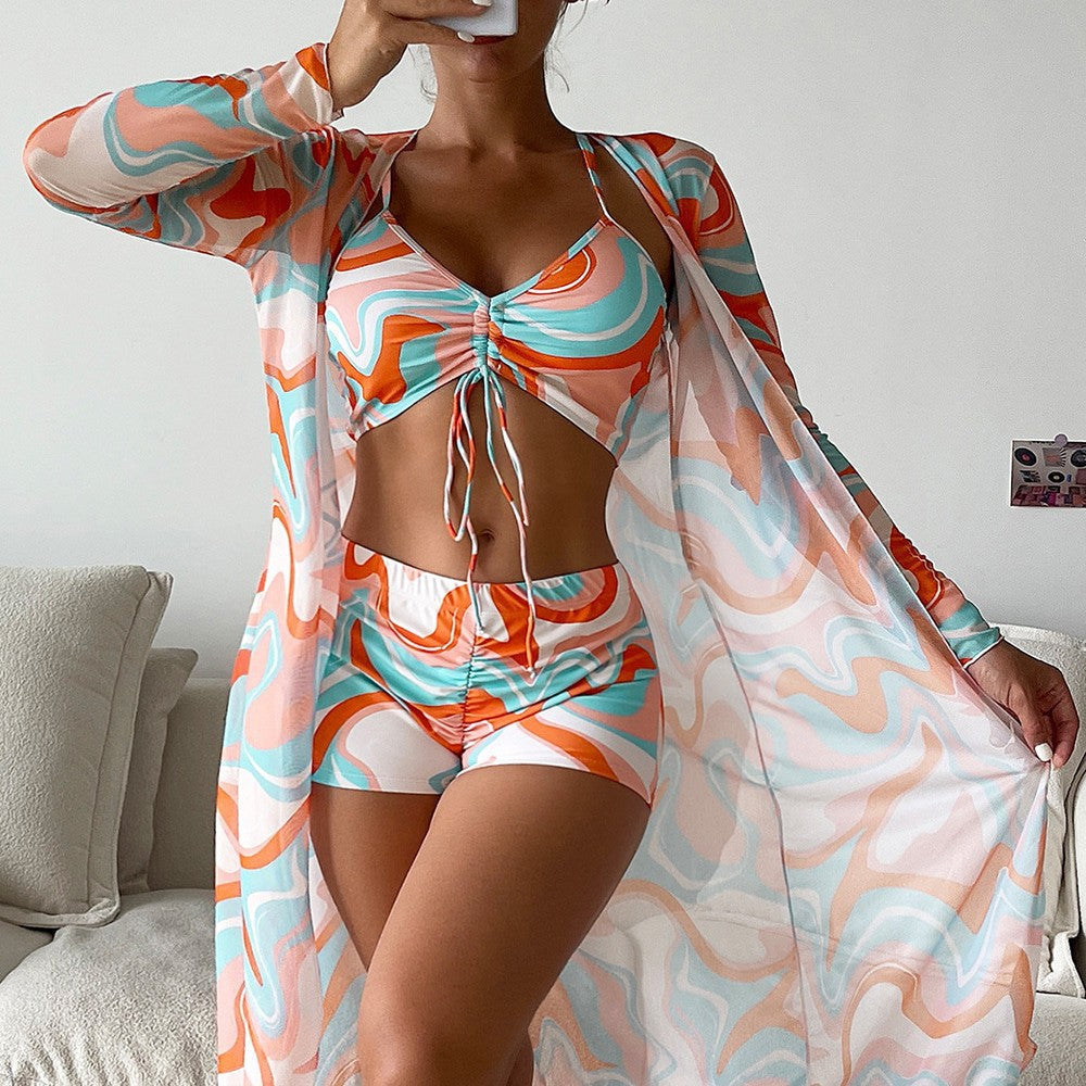 Women's bikini set with beautiful tie belt and floral kimono, size S