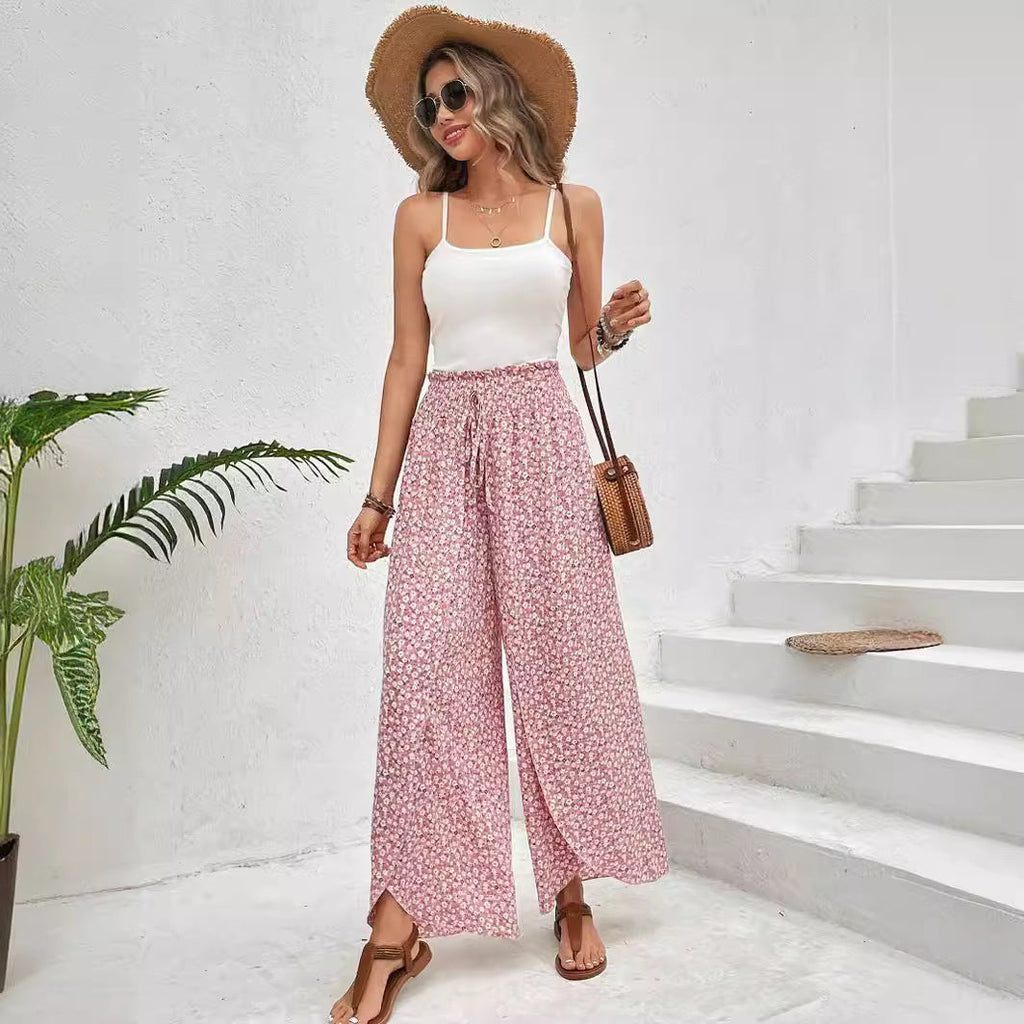 Damen-Sommerhose mit weitem Bein, elastischem Bund und Blumenmuster, Größe S