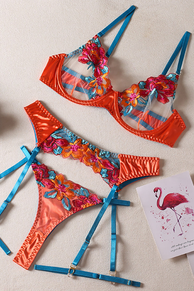Valenzora | Satin-Sheer Blumen-Dessous-Set, 3-teilig