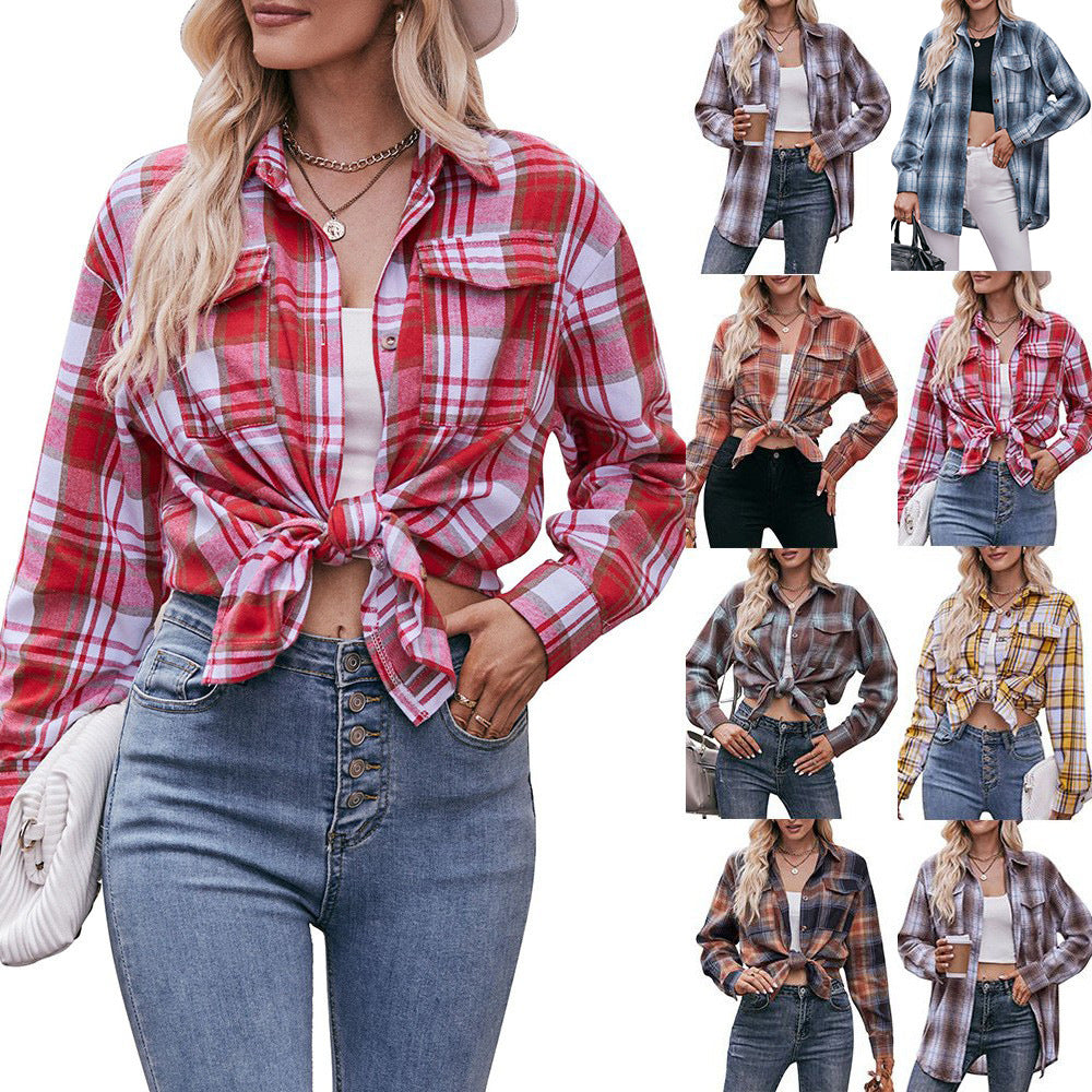 Women's checked shirt with button-up front design and casual knot detail, size Valenzora