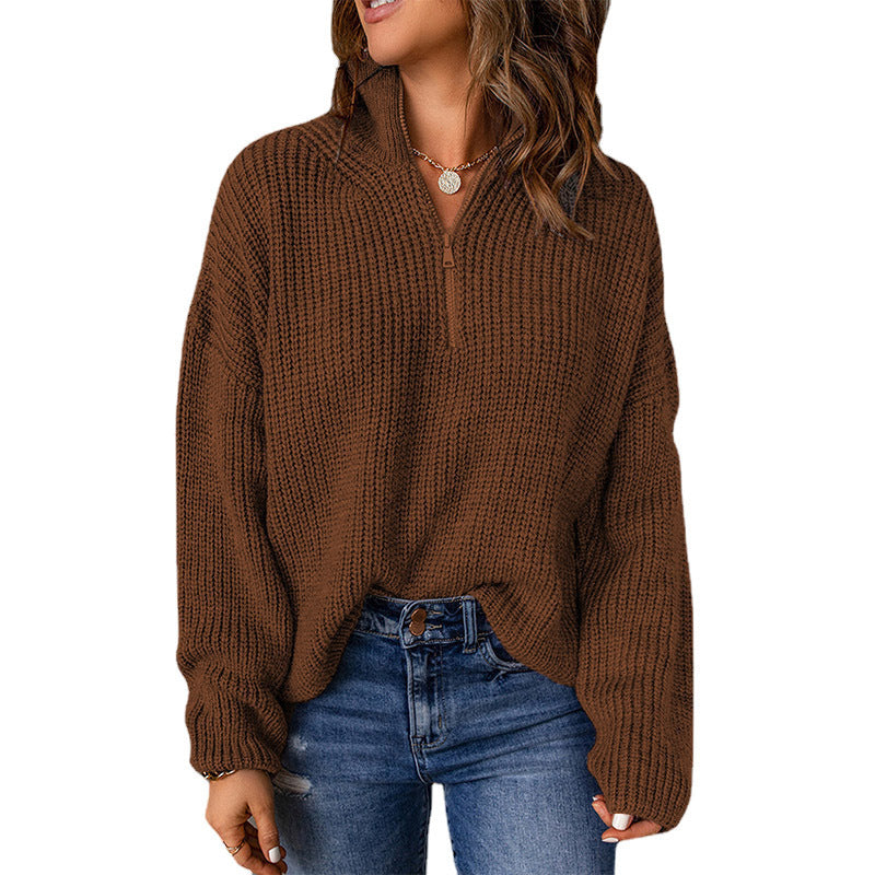 Women's chunky knit sweater with stand-up collar and zipper, size