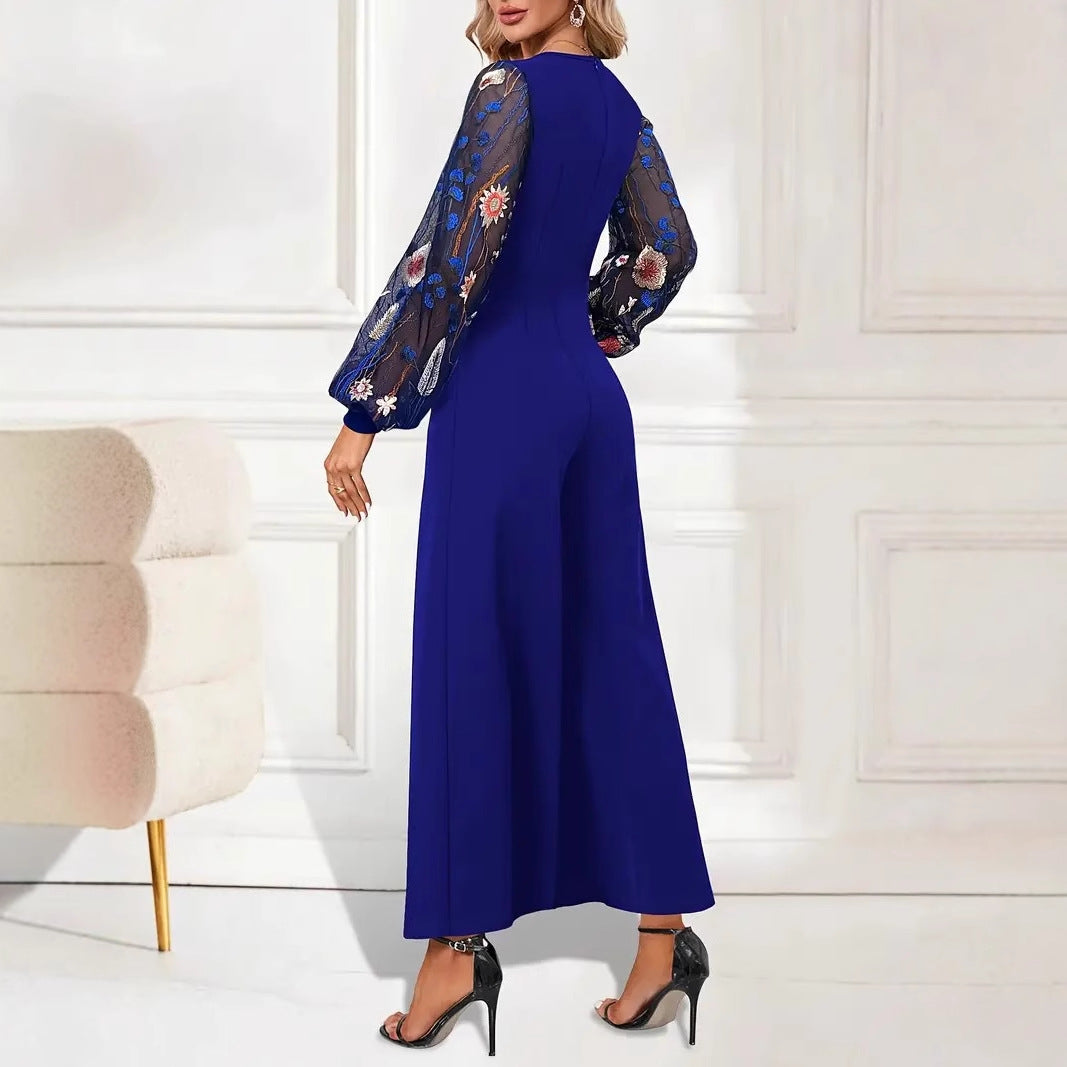 Women's elegant jumpsuit with floral lace sleeves and wide leg, size S
