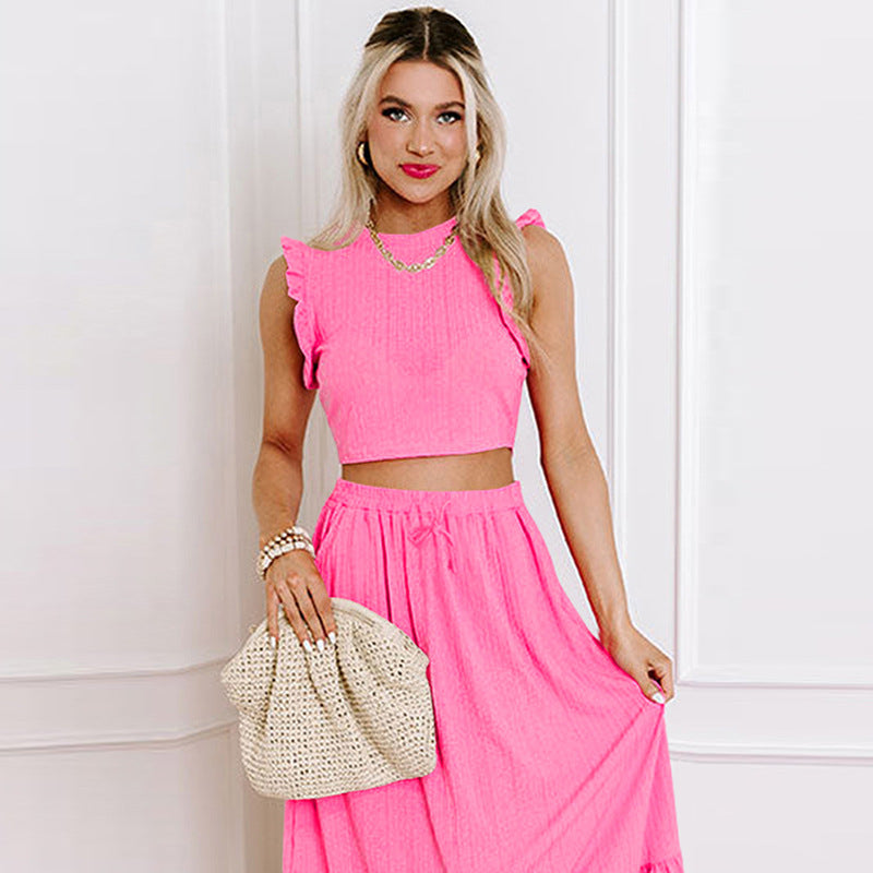 Women's two-piece set with ruffled top and maxi skirt, size