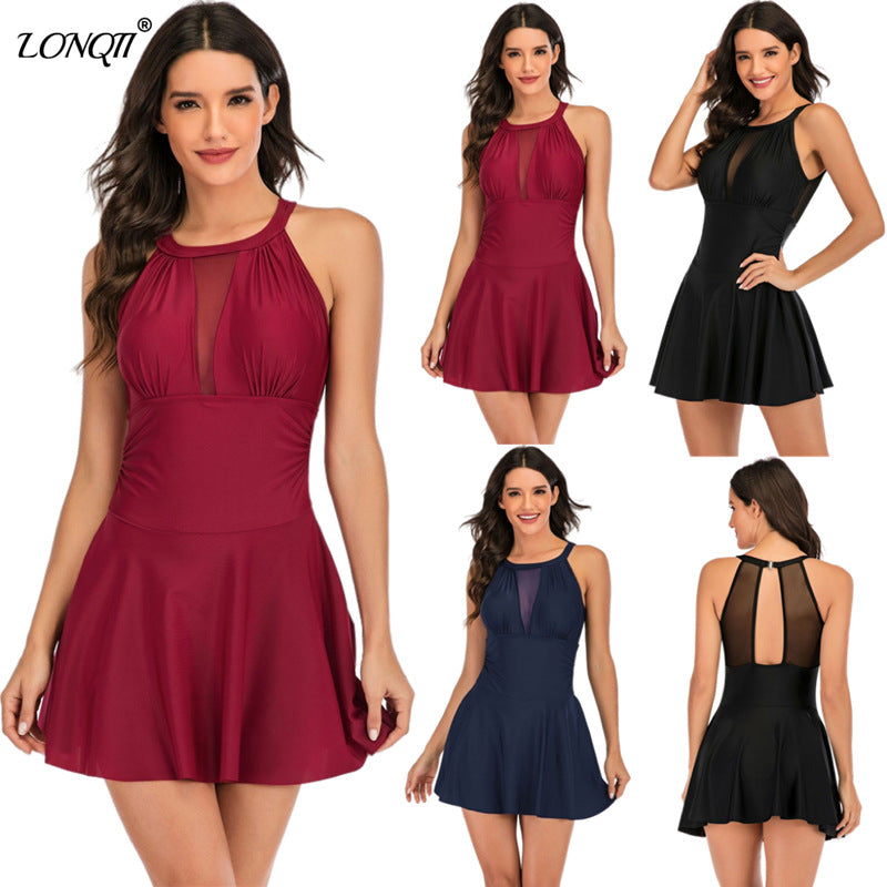 Damen-Einteiler Badeanzug mit modischem Netz-Oberteil und elegantem Rock-Look, Größe S