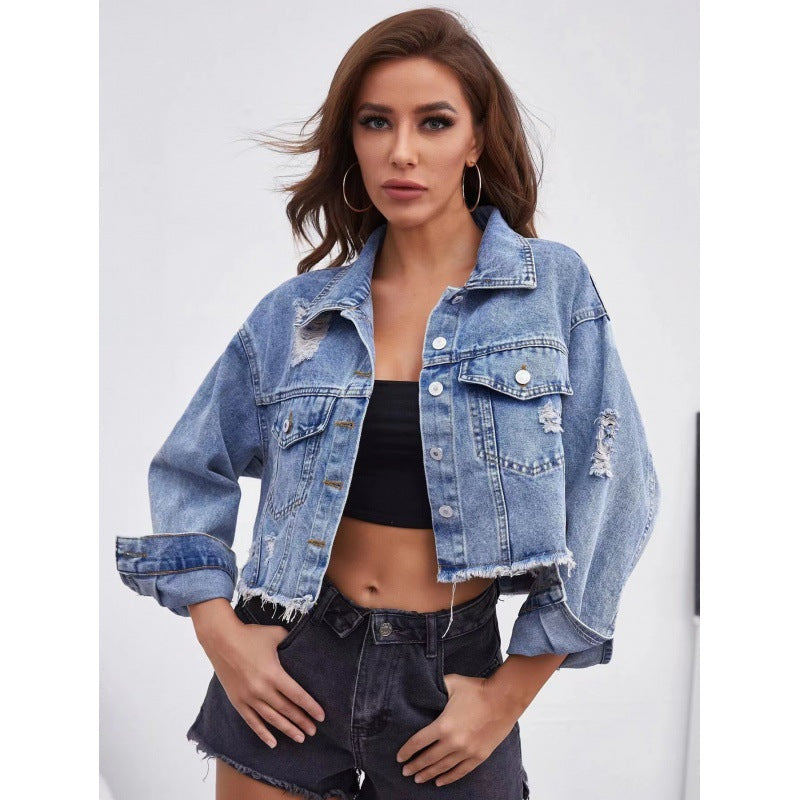 Kurze Jeansjacke für Damen im Vintage-Stil mit lässigen Fransen und robusten Details, Größe Valenzora